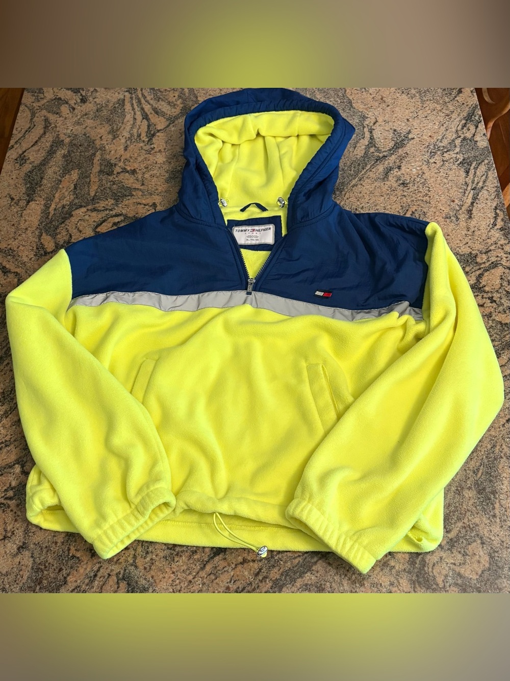 Tommy Hilfiger Sport Neon Yellow and Blue Fleece Half-Zip Pullover Hoodie, XL